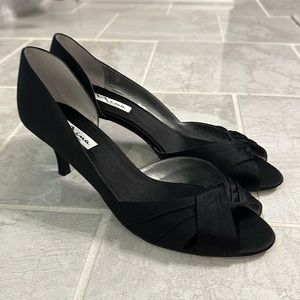 Nina black satin peep toe low heel pumps